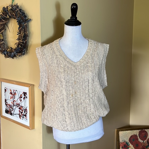 Vintage 80s BANANA REPUBLIC Size Medium Classic Cableknit Vest Linen & Cotton - Picture 3 of 16